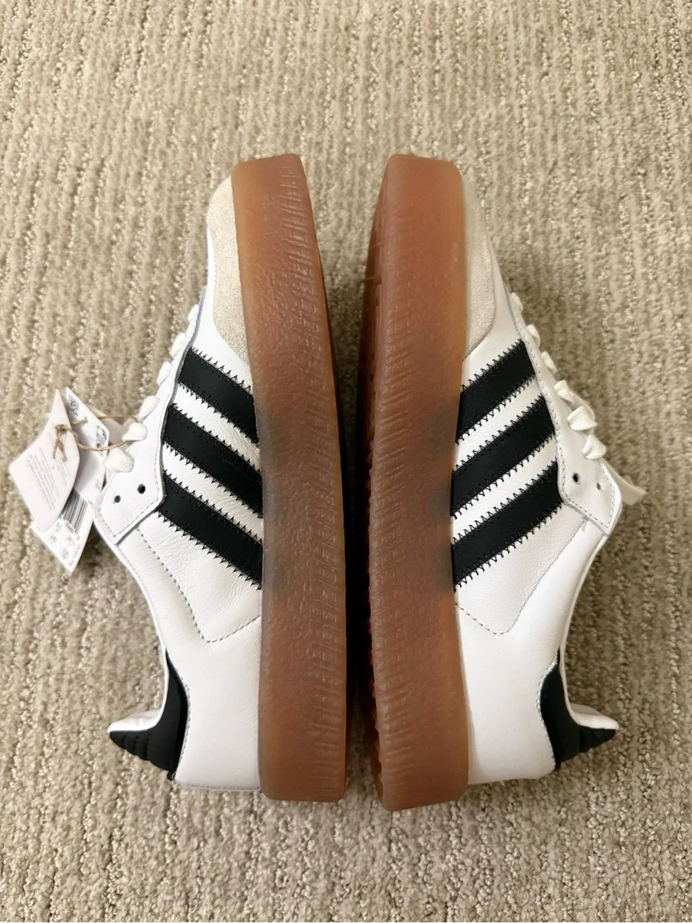 adidas White Leather Sneakers with Black Stripes and Gum Sole